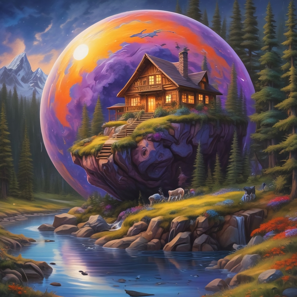 Enchanted Cabin Art Print - Purple and Orange